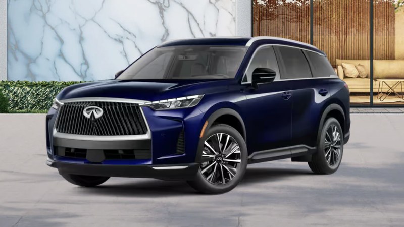 2027 INFINITI QX60 LUXE in Hermosa Blue with chrome accents, front three-quarter view