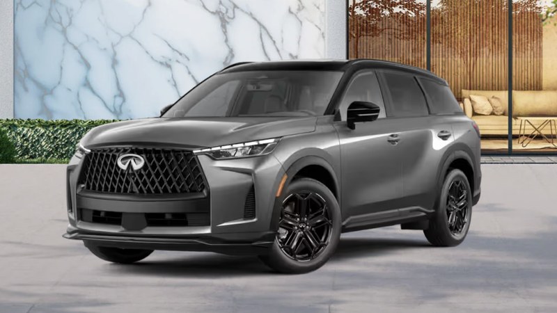 2027 INFINITI QX60 SENSORY in graphite gray with blacked-out grille and gloss-black wheels, front three-quarter view