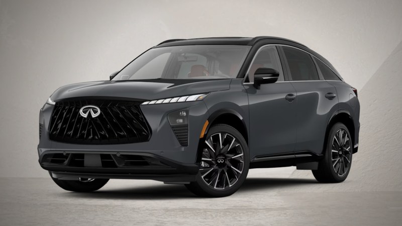 2027 INFINITI QX65 AUTOGRAPH in dark navy with gloss-black 21-inch wheels and Light Path lighting, front three-quarter view