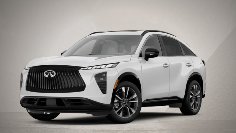 2027 INFINITI QX65 SPORT in graphite gray with gloss-black grille and split-spoke 20-inch wheels, front three-quarter view