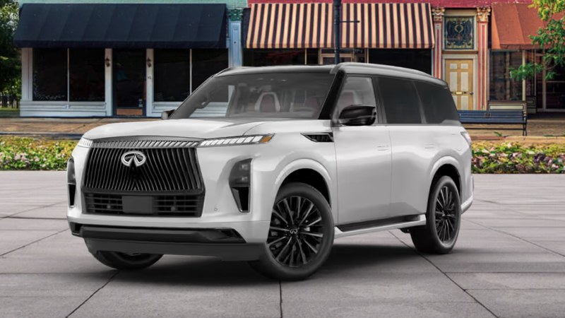 2027 INFINITI QX80 AUTOGRAPH in Moonbow White with contrast black roof and premium brightwork, front three-quarter view