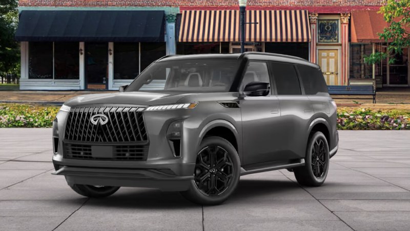 2027 INFINITI QX80 SENSORY in graphite gray with blacked-out grille and gloss-black wheels, front three-quarter view