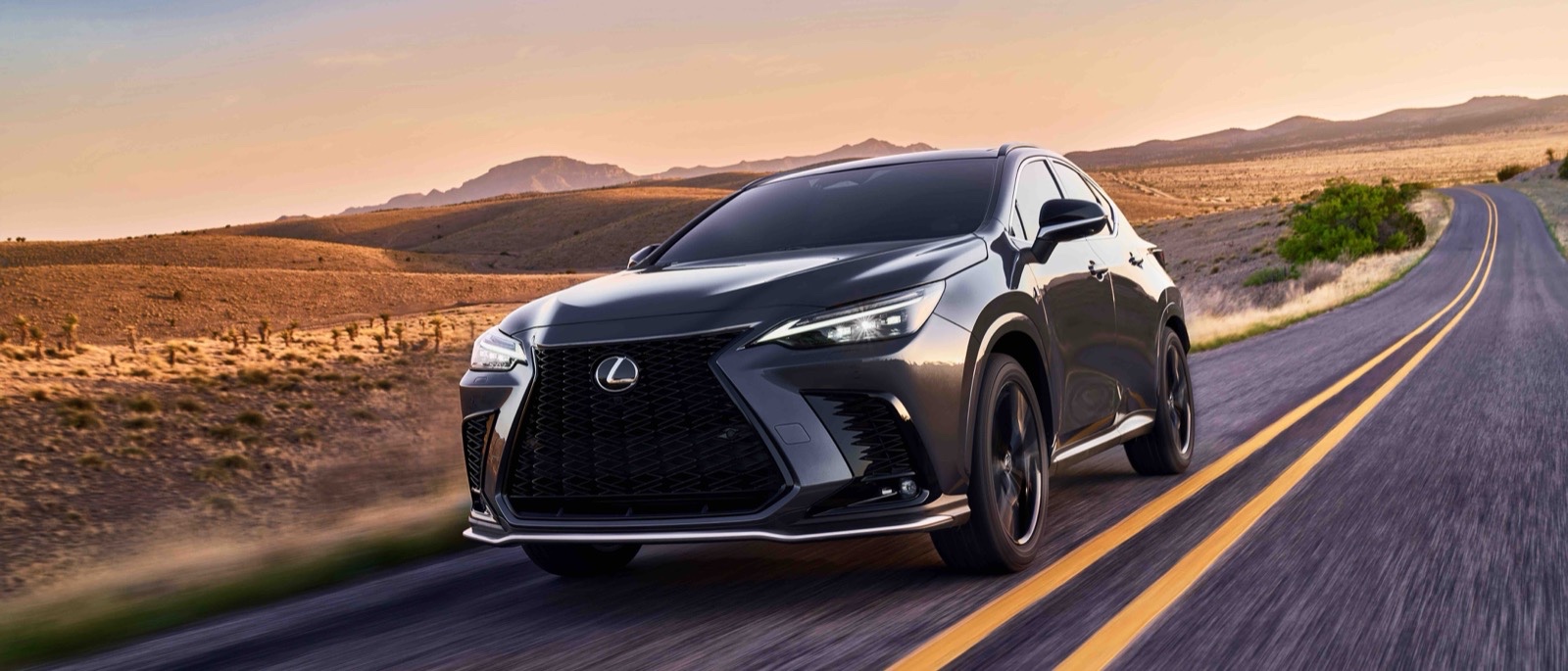 2026 Lexus NX 350 F SPORT Handling in dark gray, driving on a desert road at sunset