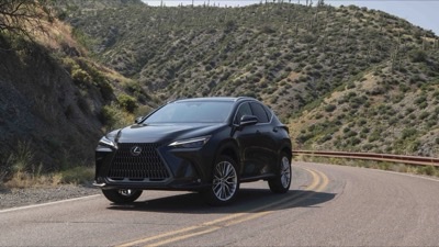 2026 Lexus NX 350h Luxury in Caviar black, driving on a mountain road